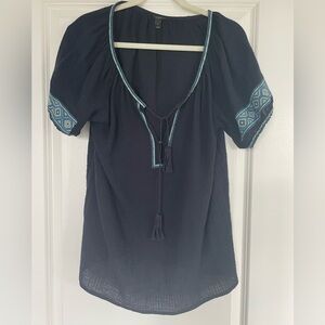J. Crew Navy Blue Embroidered Cotton Top With Tie and Hook Closure